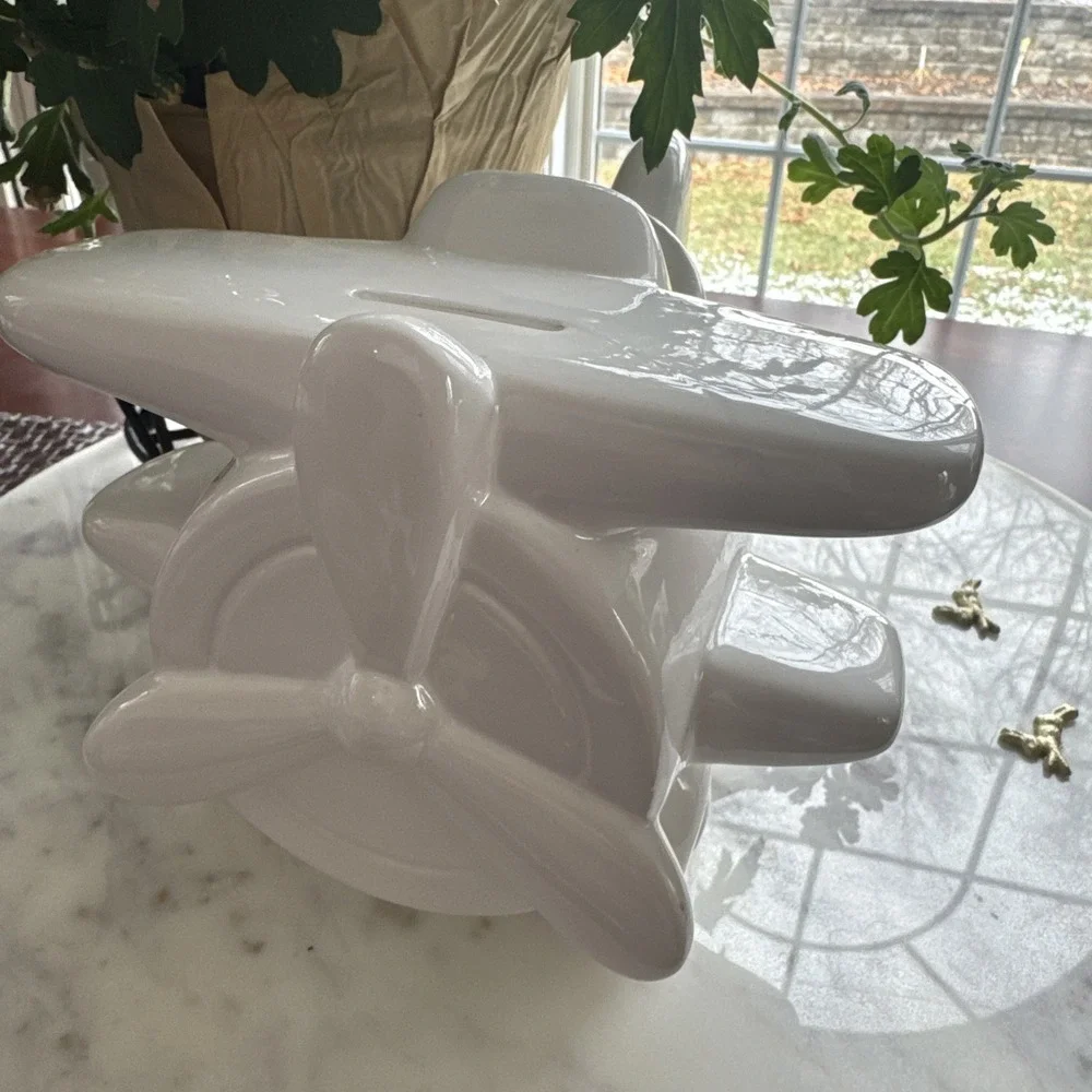 Large White Ceramic Airplane Piggy Bank – Modern Aviation Nursery Decor Gift